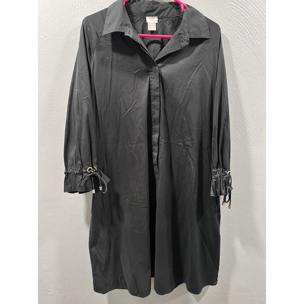 Chico's Black Cotton Blend Shirt Dress Cinch Tie Sleeve Size 2 L 12/14